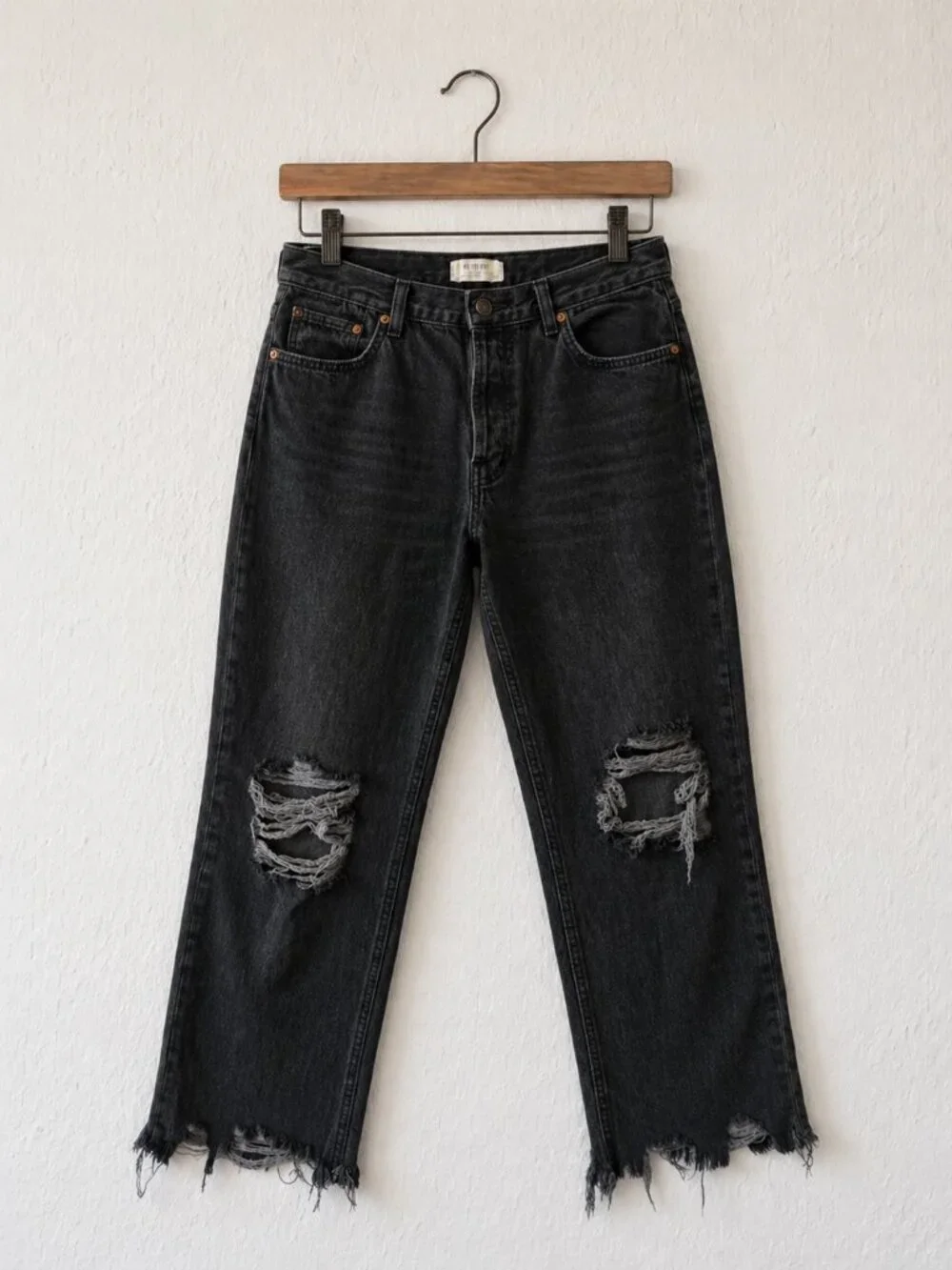 Free People We The Free Black Distressed Cropped Jeans Raw Hem Womens 31